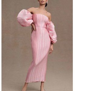 NWT - L'IDEE Sirene Off-Shoulder Puff-Sleeve Pleated Midi Column Dress